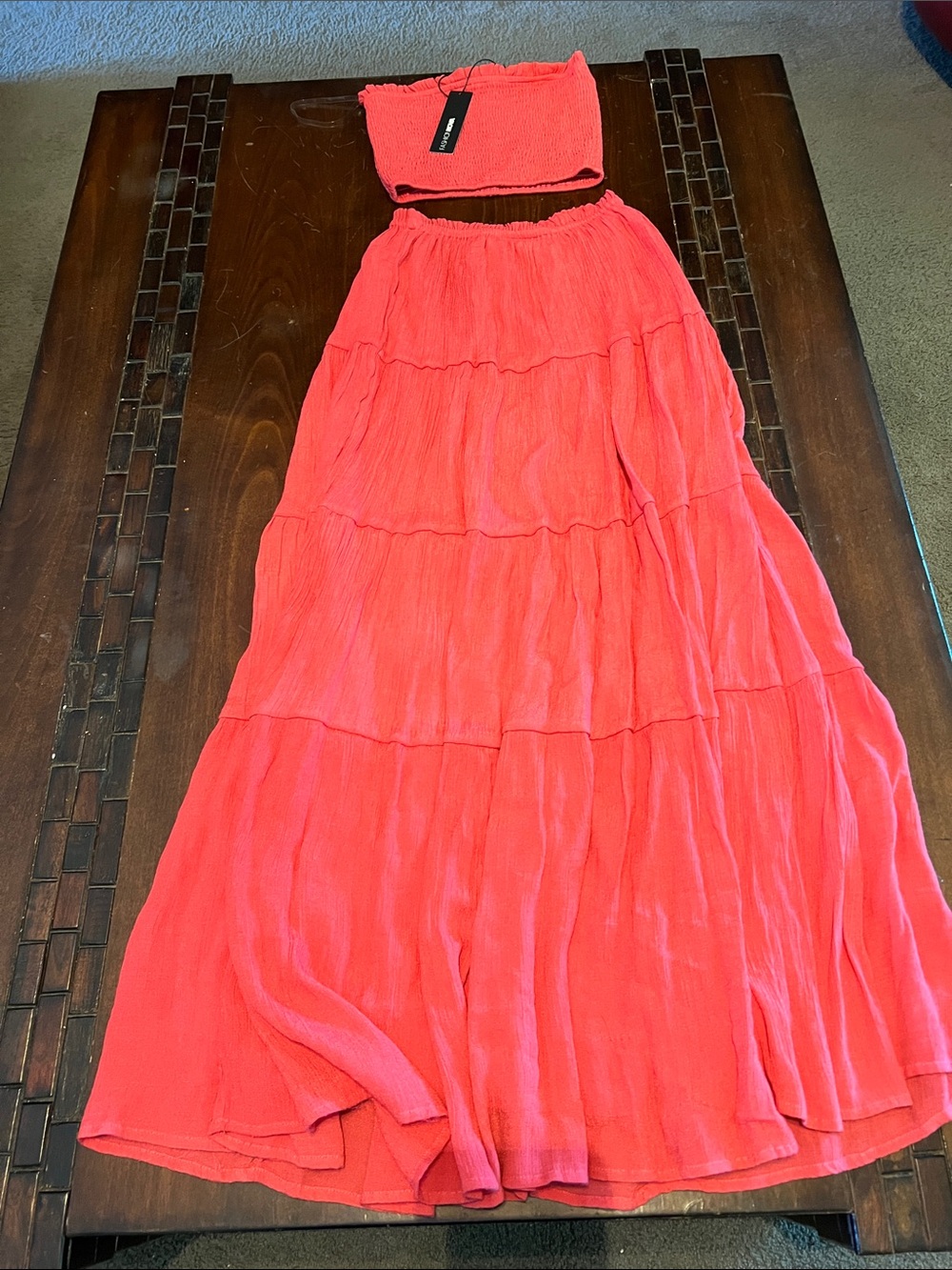 Fashion Nova Bright and BeautifulCoral Tiered Maxi Skirt with Matching Tube Top